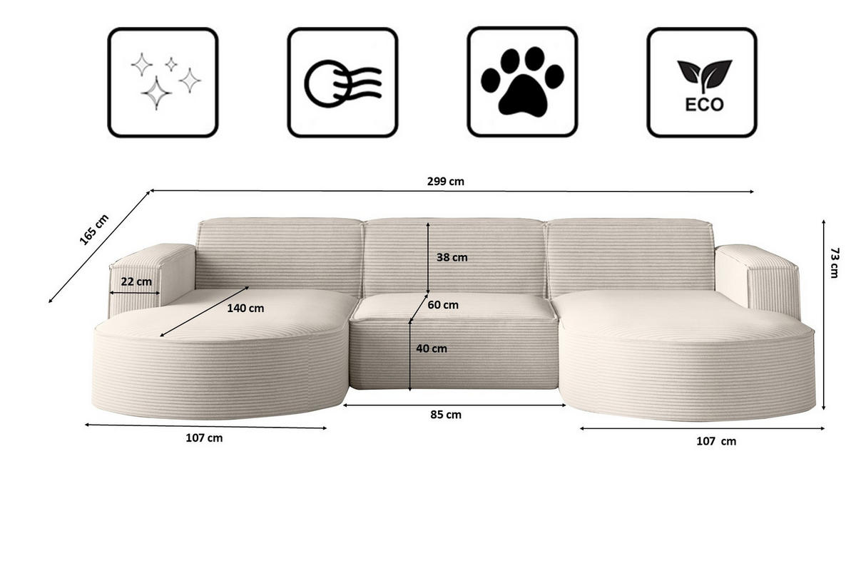 ECKSOFA Designer MODENA U STUDIO Stoff Dicker Cord Ecru - Ecru, Holz (165/299cm) - Kaiser Möbel