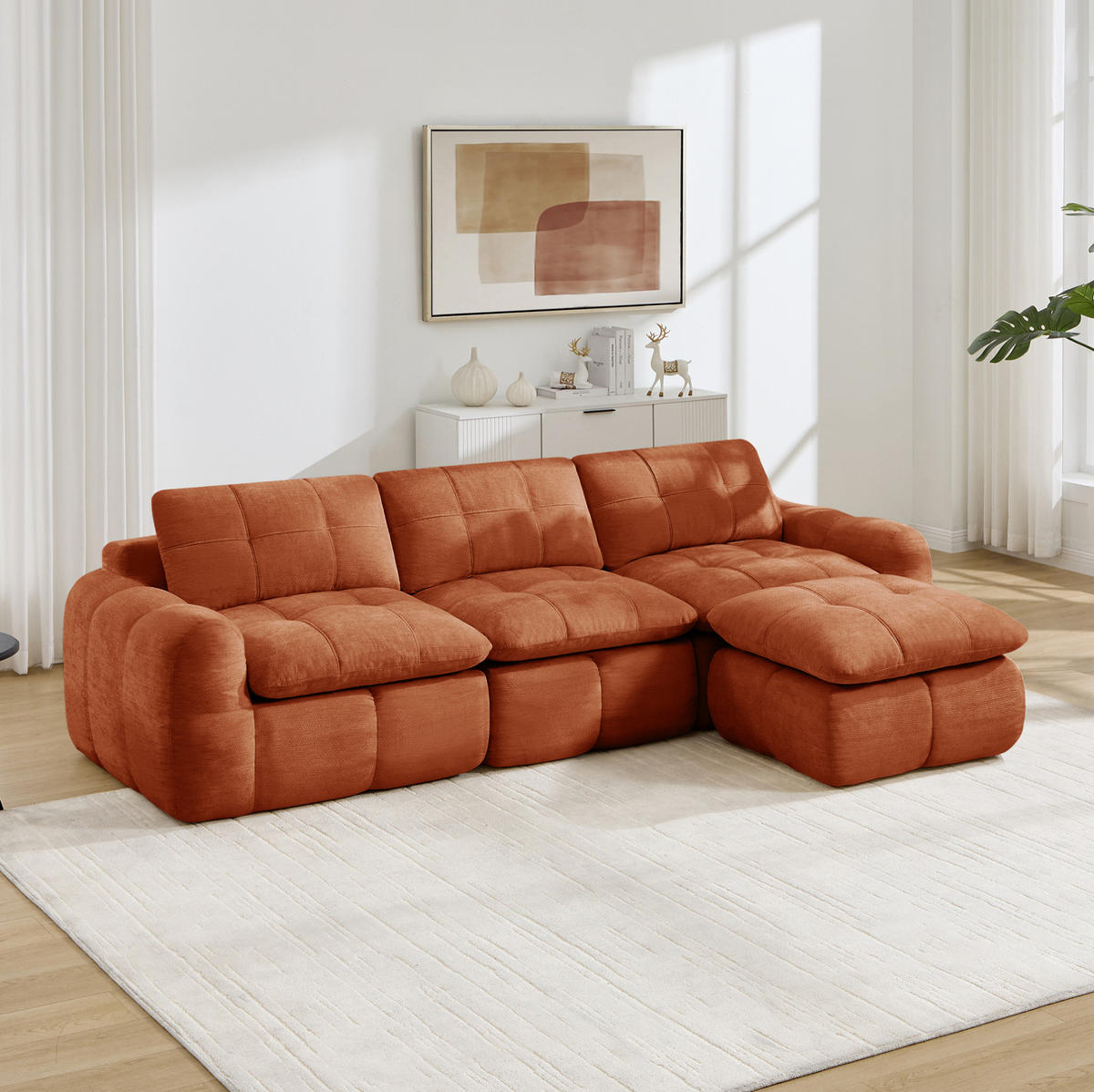 SOFA 264/160/68 cm in Orange aus Chenille mit Ottoman - Orange, Textil (160/68/264cm) - Flora Grace