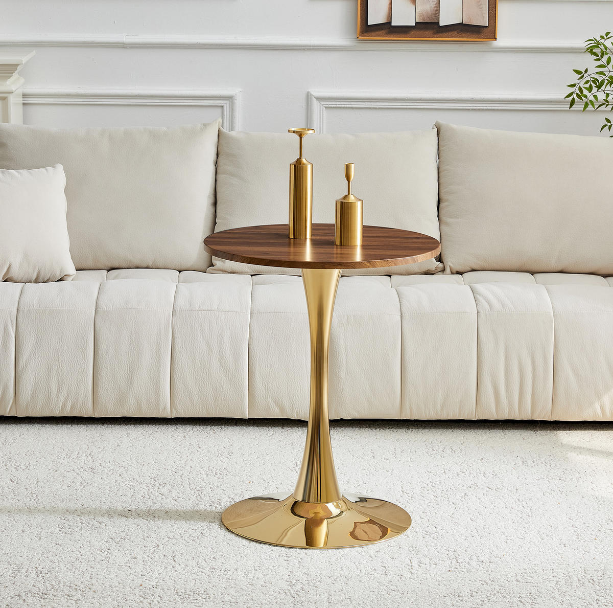 BEISTELLTISCH rund 60/72 cm in Walnussoptik mit goldfarbenem Metallfuß - Goldfarben, Holzwerkstoff (60/60/72cm) - BEAOK