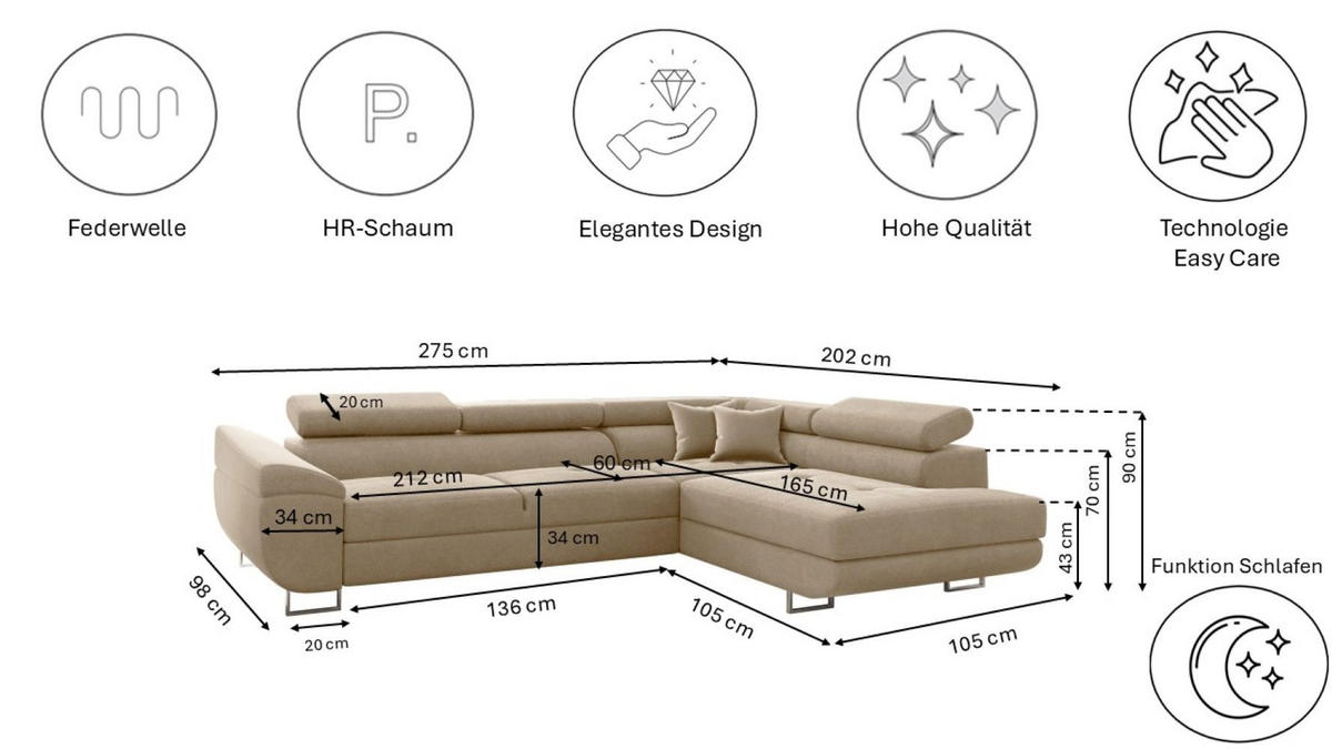 ECKSOFA FALIO L-Form Mit Schlaffunktion Im Modernen Stil Für Das Wohn Und Schlafzimmer Hellbeige Rechts - Creme, Holz/Textil (275/202cm) - Kaiser Möbel