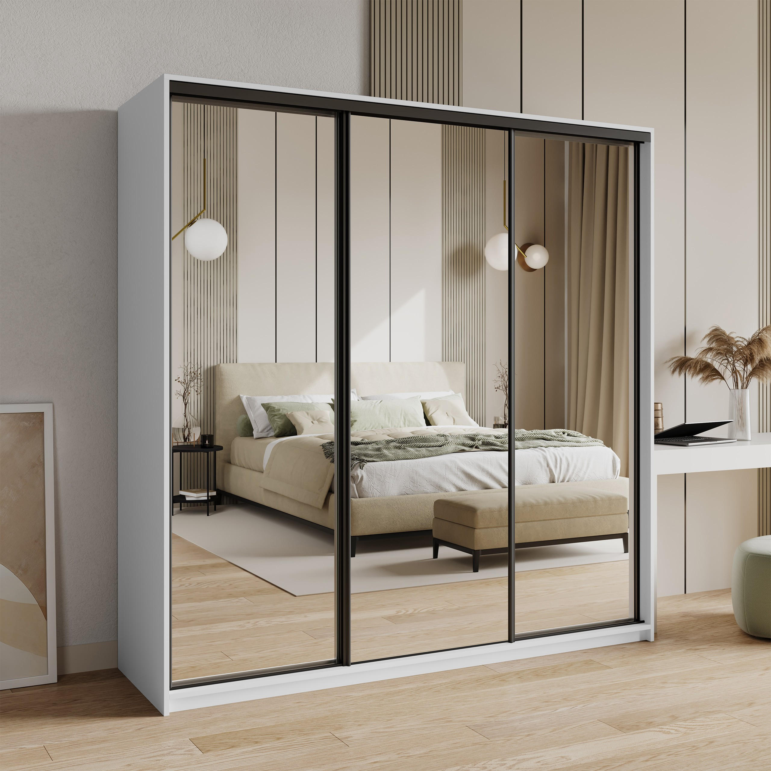 SCHWEBETÜRENSCHRANK RIEN 180/205/60 cm 3-türig mit Spiegel und Schubladen Weiß - Schwarz/Weiß, Holzwerkstoff (180/205/60cm) - MASSENO
