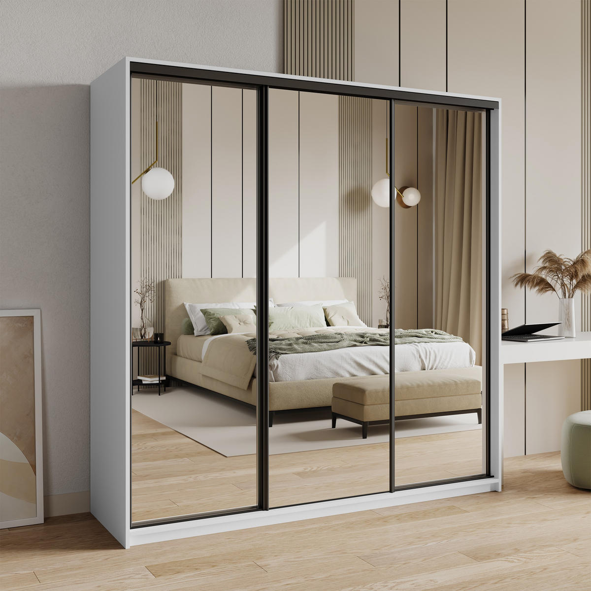SCHWEBETÜRENSCHRANK RIEN 180/205/60 cm 3-türig mit Spiegel und Schubladen Weiß - Schwarz/Weiß, Holzwerkstoff (180/205/60cm) - MASSENO