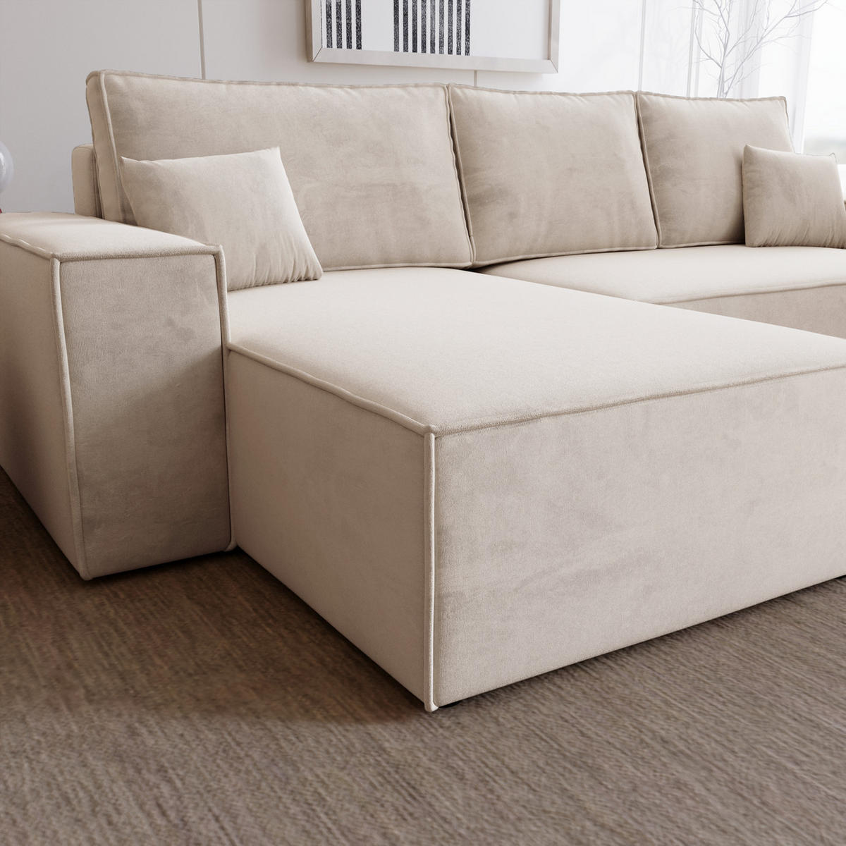 ECKSOFA mit Schlaffunktion Bergamo L 280 cm, Samt, Links - Vanille - Ecru, Holz (277/189cm) - Emporius