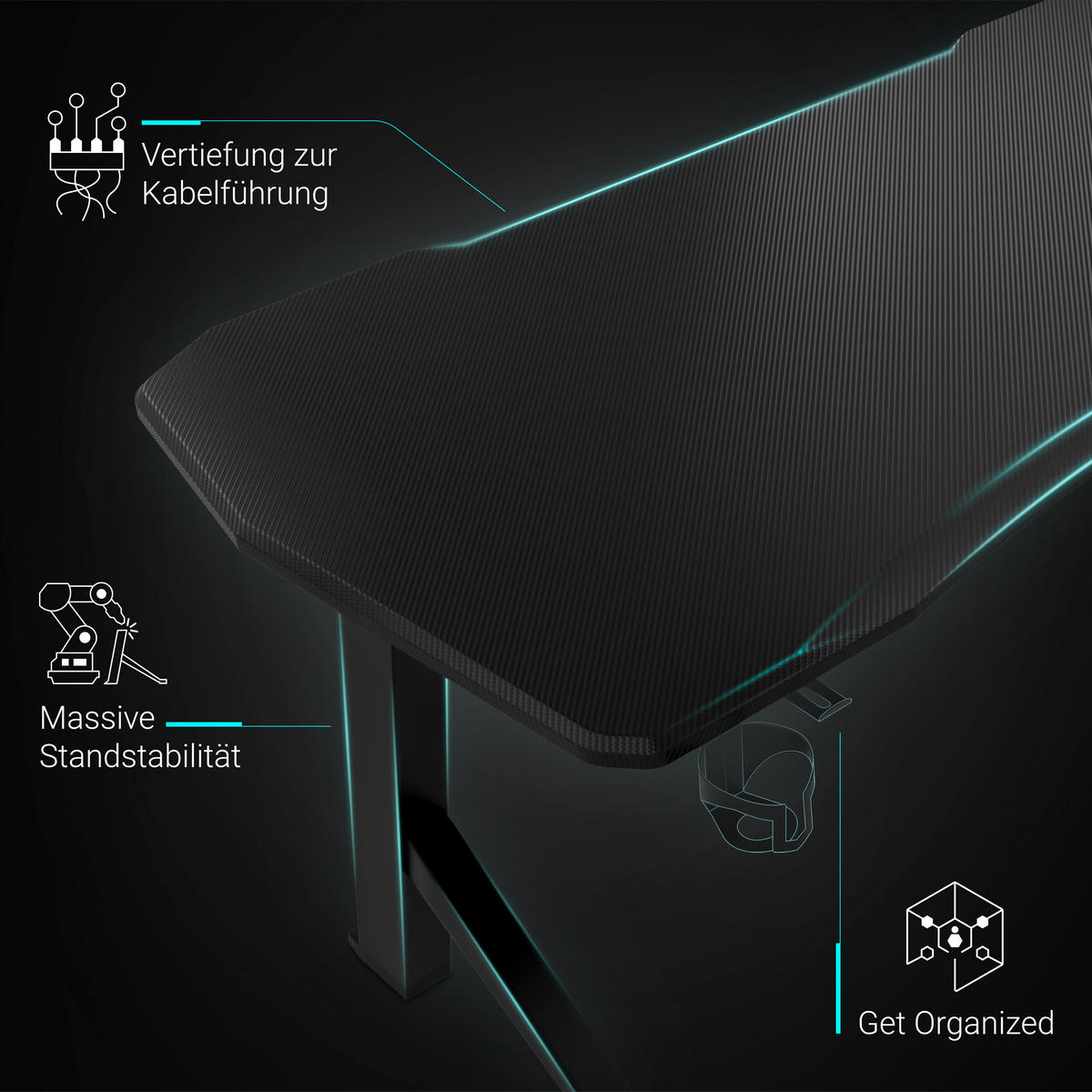 GAMING Tisch höhenverstellbar elektrisch 140x70 cm, Carbon-Optik - Schwarz, Kunststoff (140/70/120cm) - Ultimate Setup