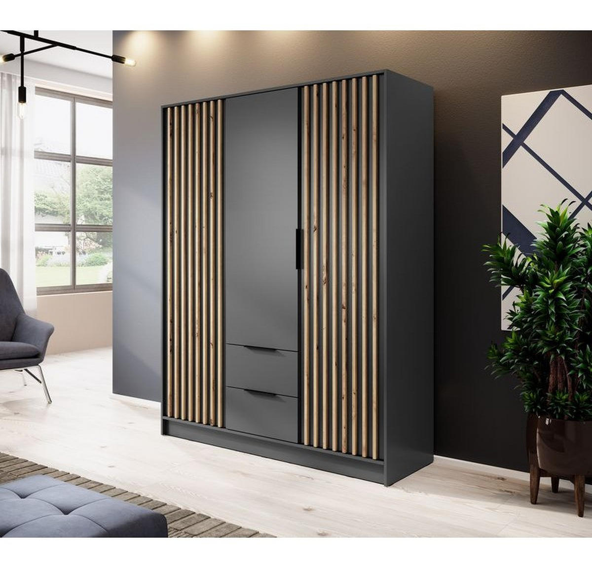 KLEIDERSCHRANK – 155 cm – Nelly – Graphitfarben - Graphitfarben, Holzwerkstoff (155/200/51cm) - hi-markt