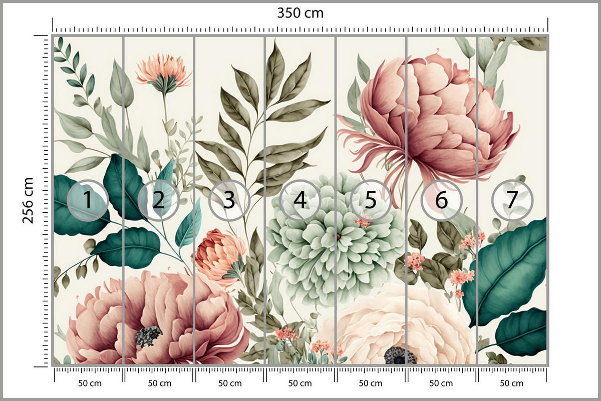 FOTOTAPETE für Schlafzimmer Pastell Pfingstrosen Blüten Blätter 350x256 - Türkis/Blau, Papier (350/256cm) - Muralo