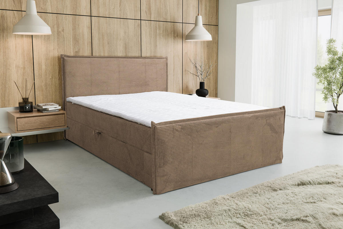 BOXBETT Vanessa mit 2 Bettkästen, 180x200, Farbe: Braun, Cordstoff, mit Bonell-Matratze inkl. Topper - Braun, Holz/Kunststoff (180/200cm) - VENASI MÖBEL