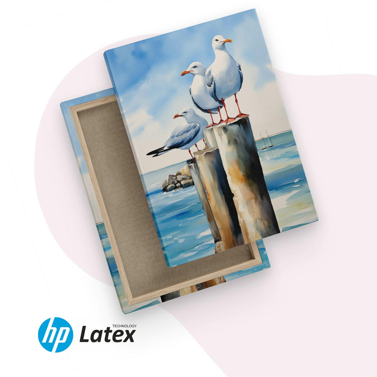 LEINWANDBILD Abstrakte Möwen Meer 80x120 cm - Blau/Beige, Textil (80/120cm) - Muralo