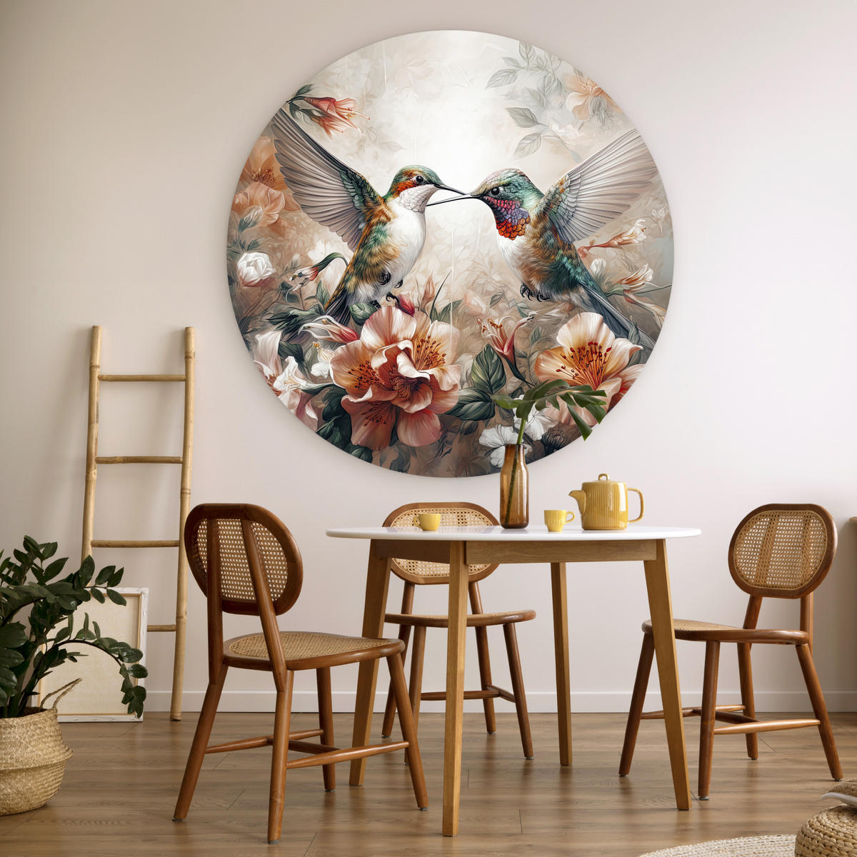WANDBILD Kolibri - Vögel - Blumen - Natur 140x140 cm - Altrosa, Kunststoff (140/140cm) - MuchoWow
