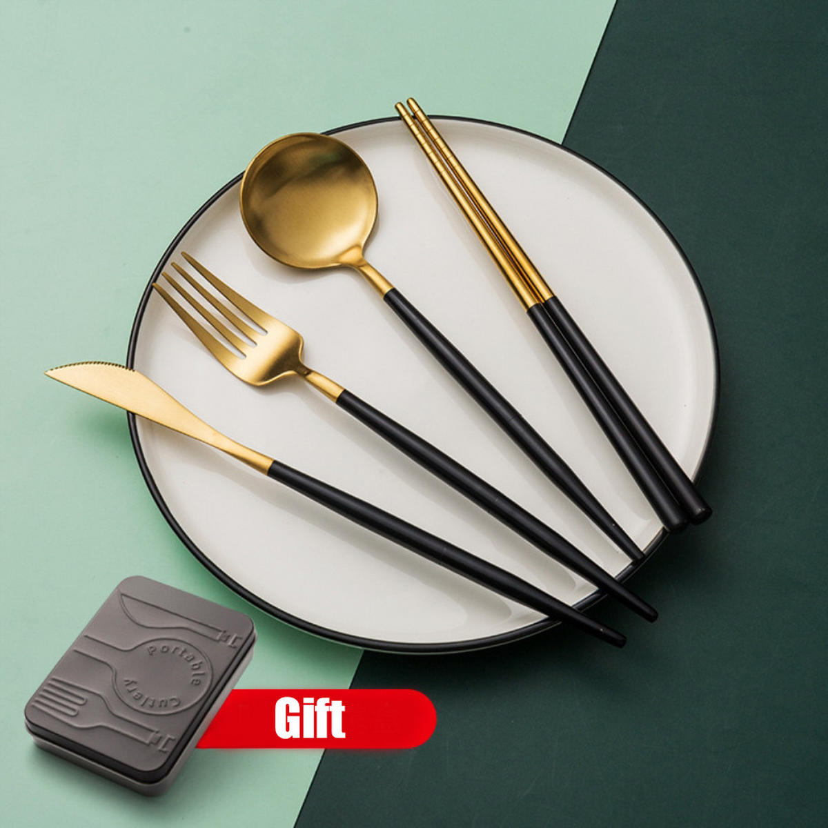 BESTECK-SET 4-teiliges Reisebesteck schwarzgold - Goldfarben, Metall