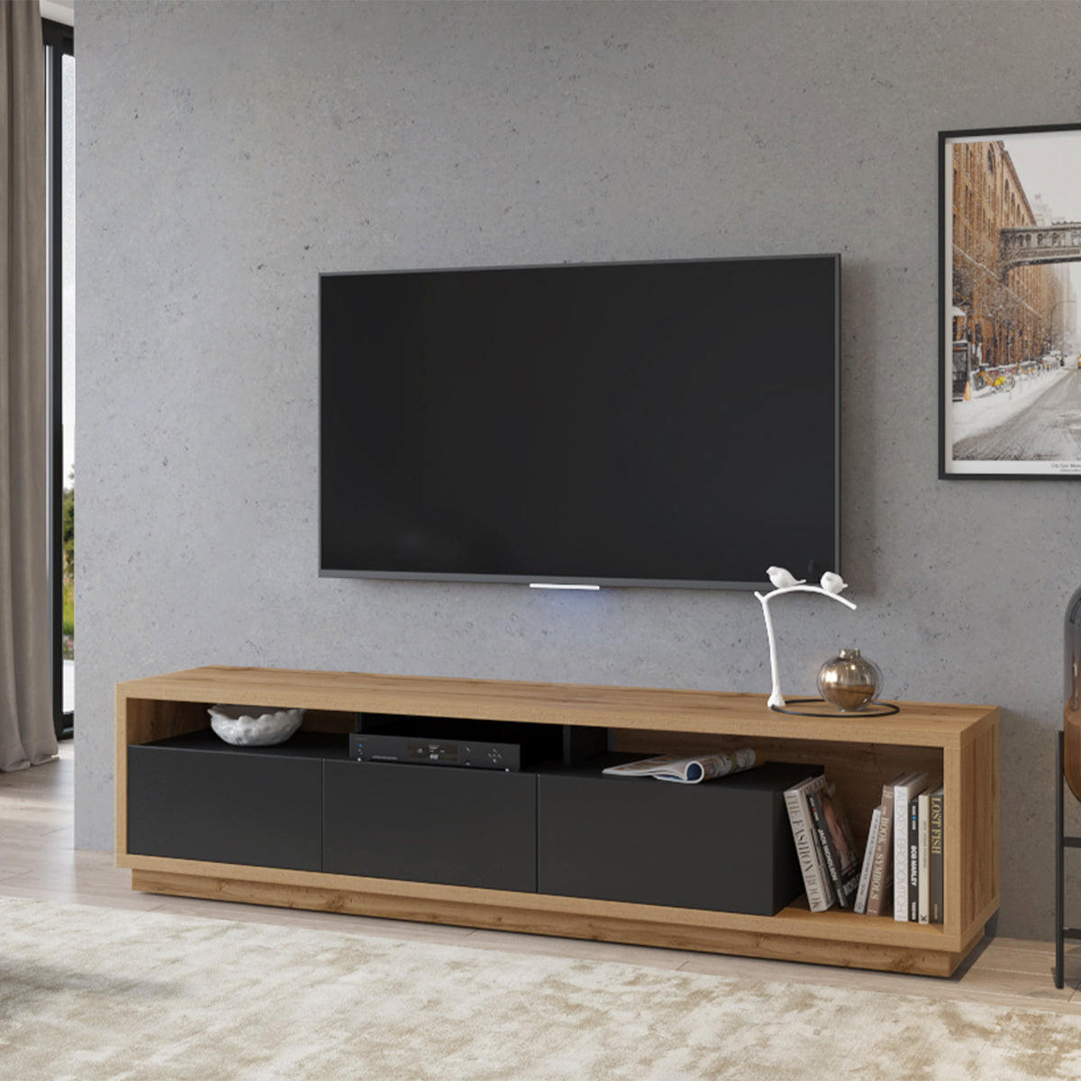 TV-MÖBEL Asten Schwarz und Holz - Schwarz, Holzwerkstoff (200/50/45cm) - Petits-meubles