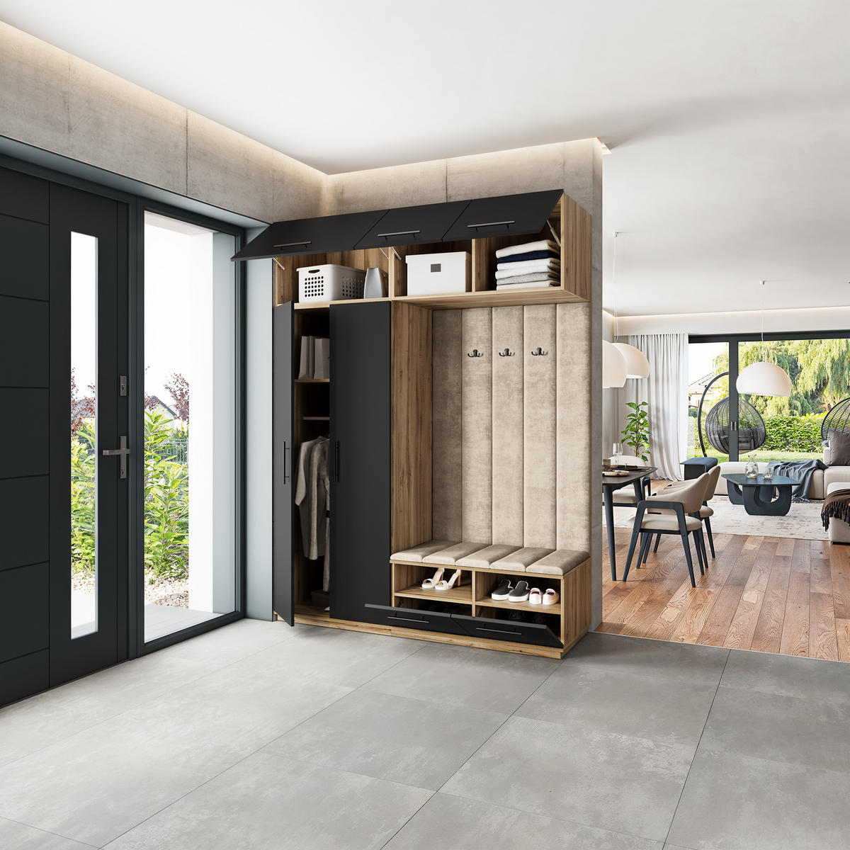 GARDEROBENSCHRANK REMA 180/240/60 cm Modern Eiche Wotan - Eiche Wotan/Schwarz, Holzwerkstoff (180/240/60cm) - MASSENO