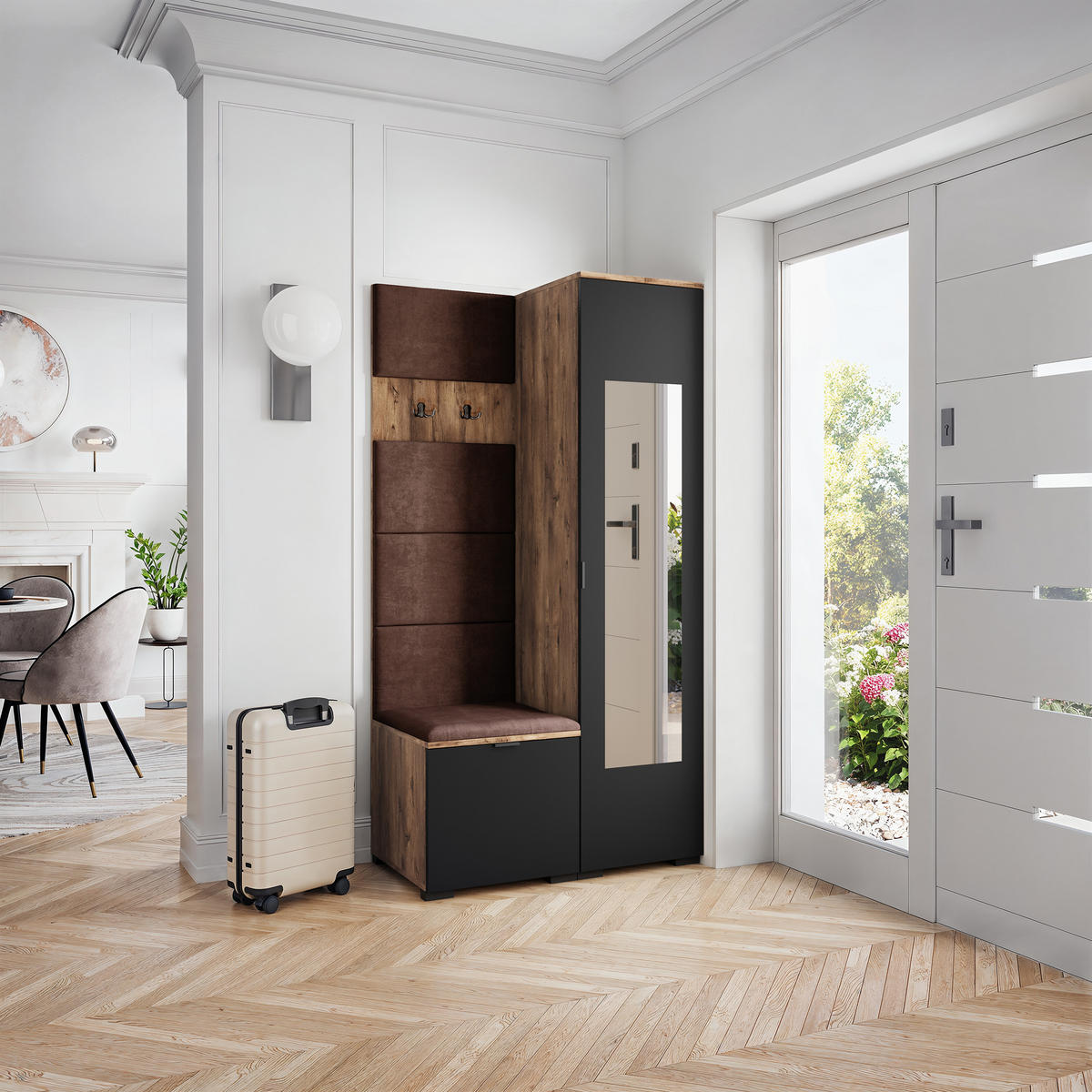 GARDEROBENSCHRANK VIRA 95/181/51 cm Modern Garderobe-Set Eiche Lefkas - Eichefarben/Schwarz, Holzwerkstoff (95/181/51cm) - MASSENO