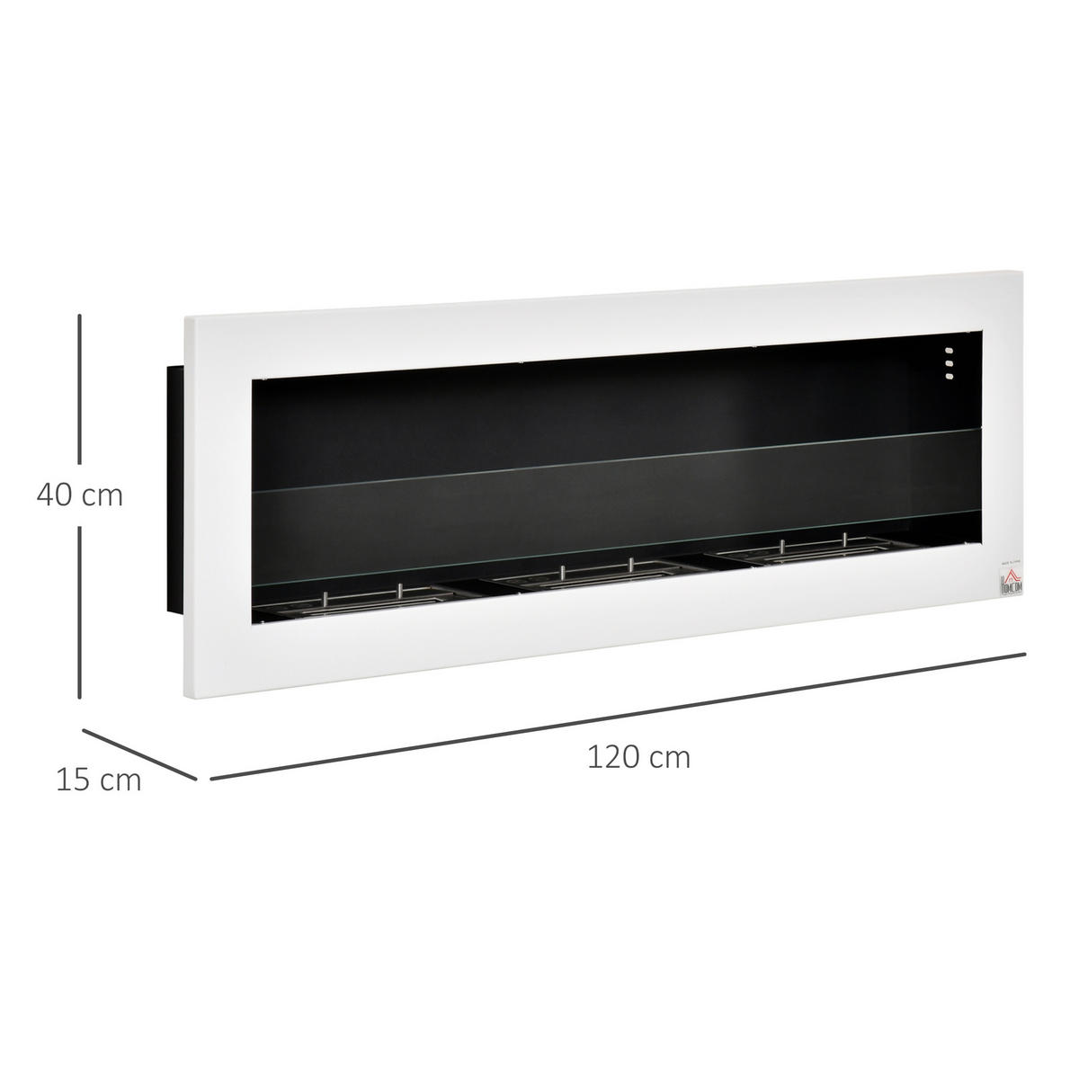ETHANOL-KAMIN, 3 Brennboxenm, 2000W, kein Rauch, Stahl, gehärtetes Glas, Weiß - Weiß, Metall (15/40/120cm) - HOMCOM