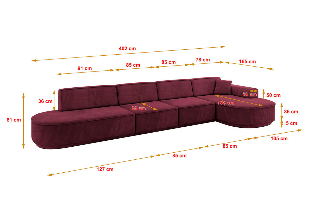 ECKSOFA Ottomane Rechts MARI-L3-v3 - 402x163x81 cm Bordeaux Velours - Bordeaux/Schwarz, Holzwerkstoff/Kunststoff (402/163cm) - ALTDECOR