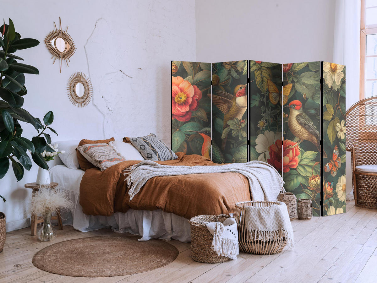 PARAVÁN Jednostranný 5-dielny 225x172 cm Vtáky a Kvety Boho - viacfarebná, drevo/textil (225/172/3cm) - Muralo