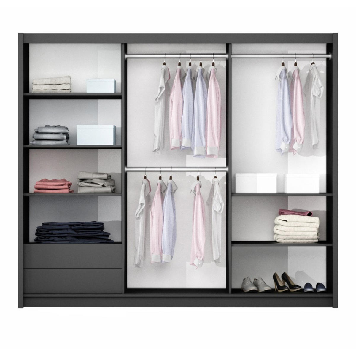 SCHWEBETÜRENSCHRANK Tessa mit 2 Türen und Spiegel, 250 cm, Graphit+Weiß - Graphitfarben/Weiß, Holzwerkstoff (250/215/65cm) - Beautysofa