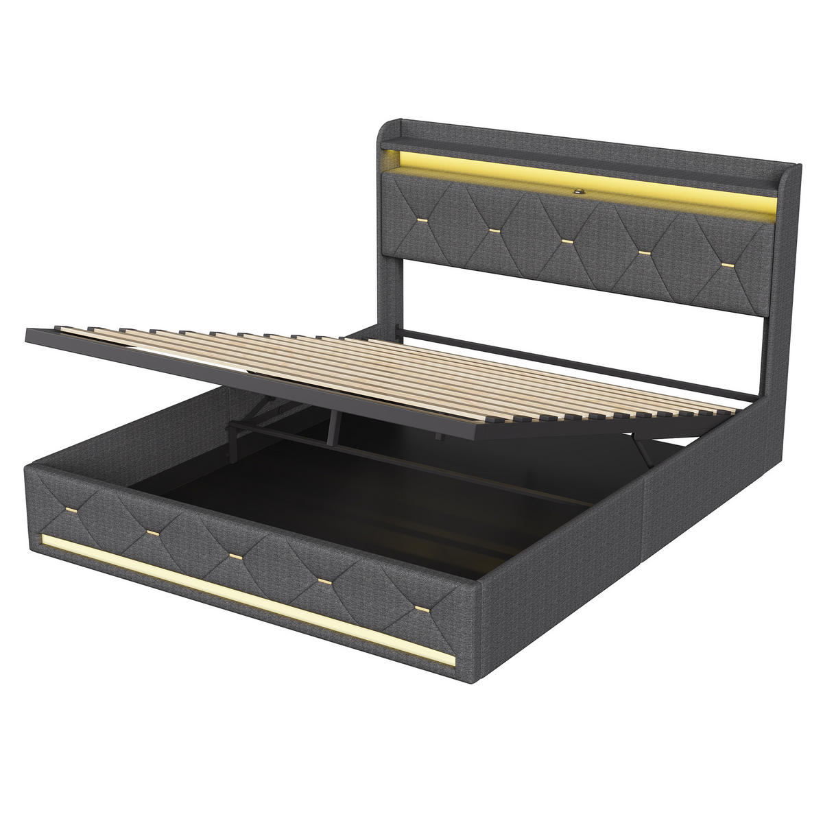 POLSTERBETT 140/200 cm Grau mit hydraulischem Stauraum, LED-Kopfteil mit Ladefunktion und Lattenrost - Grau, Metall (140/200cm) - EuroLiving