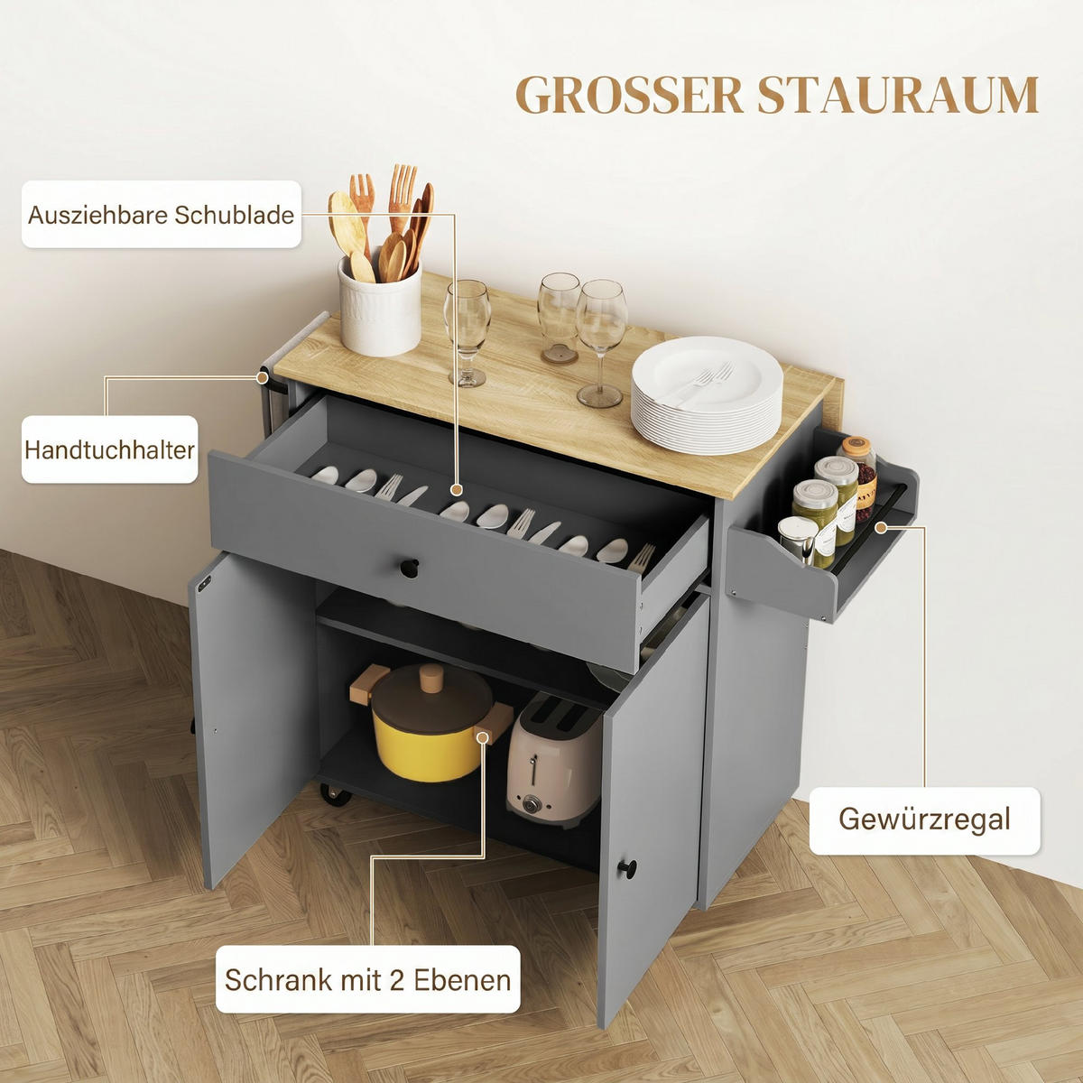 KÖKSÖ av MDF-spånskiva, grå - Svart/Grå, Träbaserade material/Metall (42/87/106cm) - HOMCOM