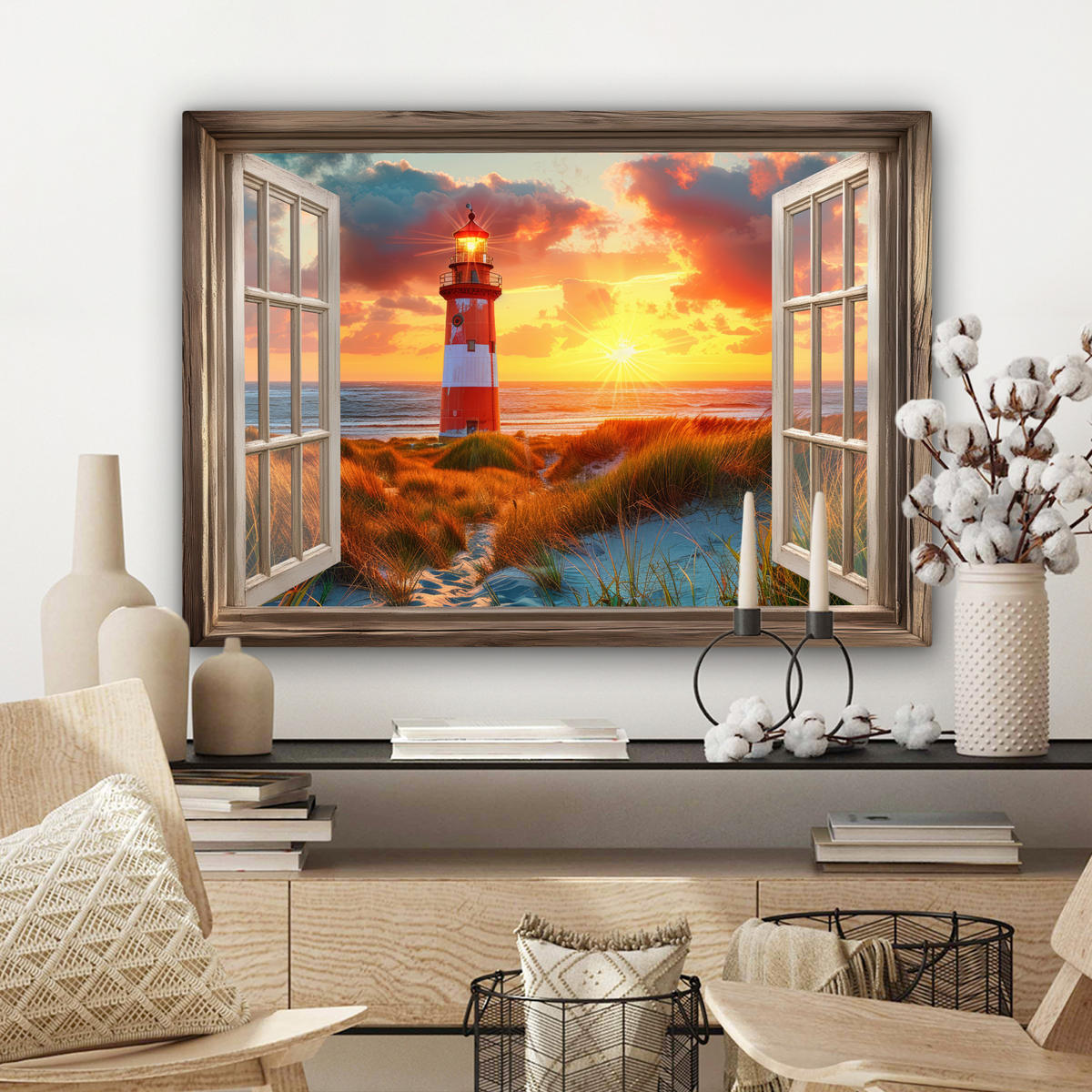 LEINWANDBILD Aussicht - Fenster - Leuchtturm - Sonnenuntergang - Strand Wandbilder 80x60 cm - Dunkelorange, Textil (80/60cm) - MuchoWow