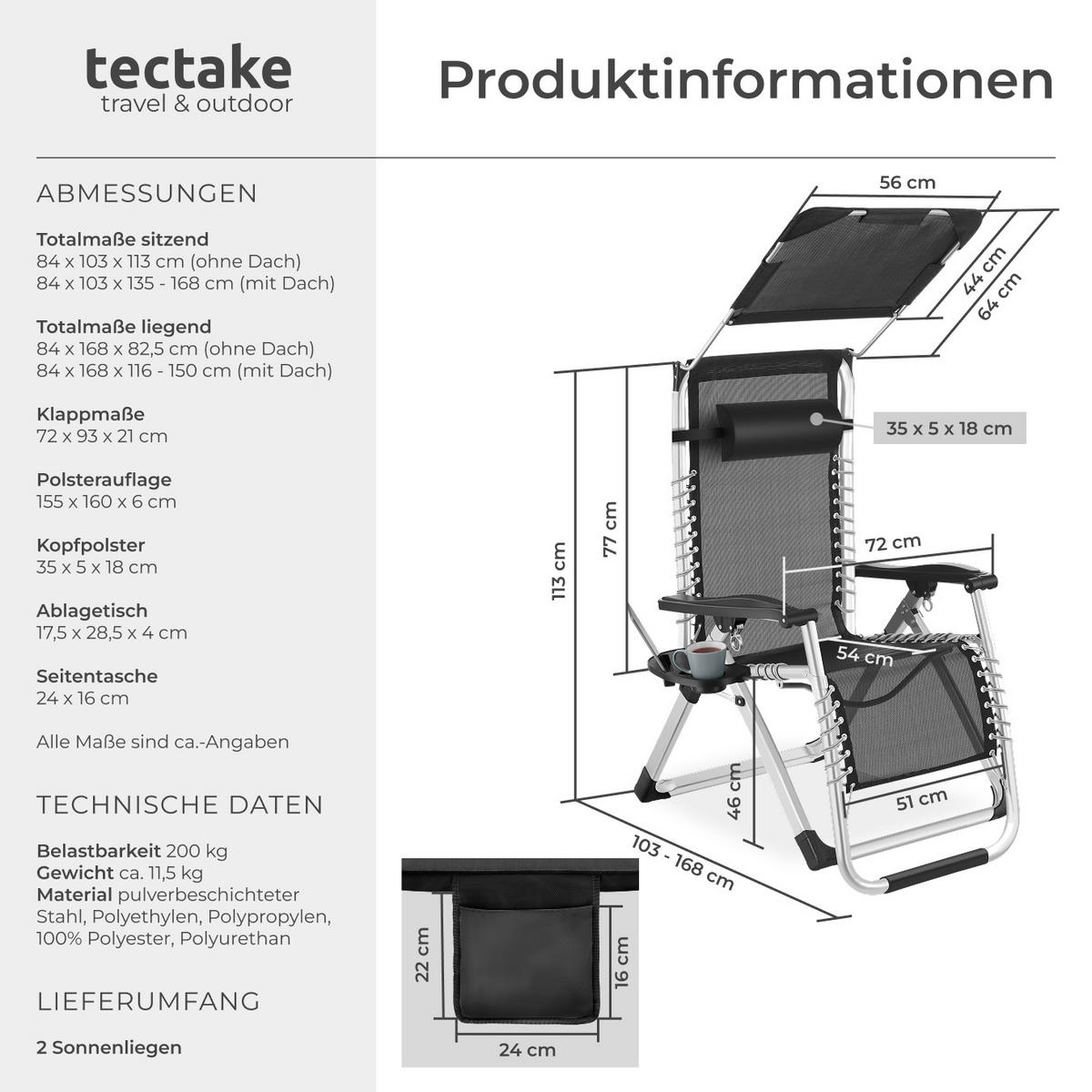 SONNENLIEGE Cloud Ii,mit Ablagetisch und Stautasche,schwarz - Schwarz, Kunststoff (84/103/168cm) - tectake