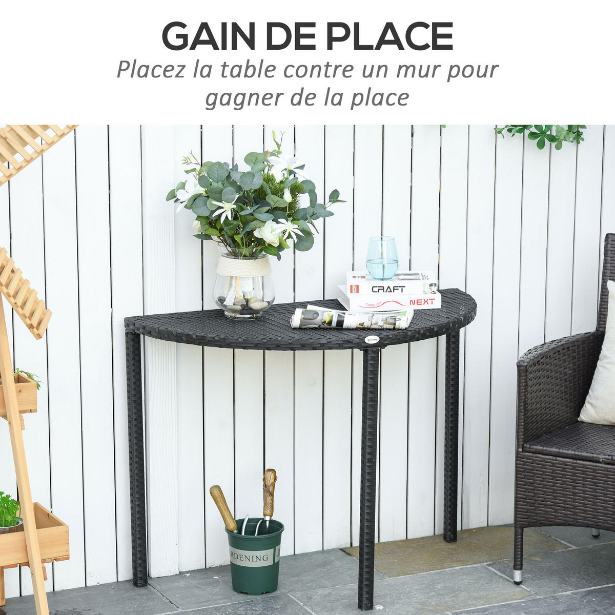 GARTENBEISTELLTISCH DE-13555 halbrund für Balkon Schwarz - Schwarz, Kunststoff/Metall (100/50/74cm) - ComfortXL