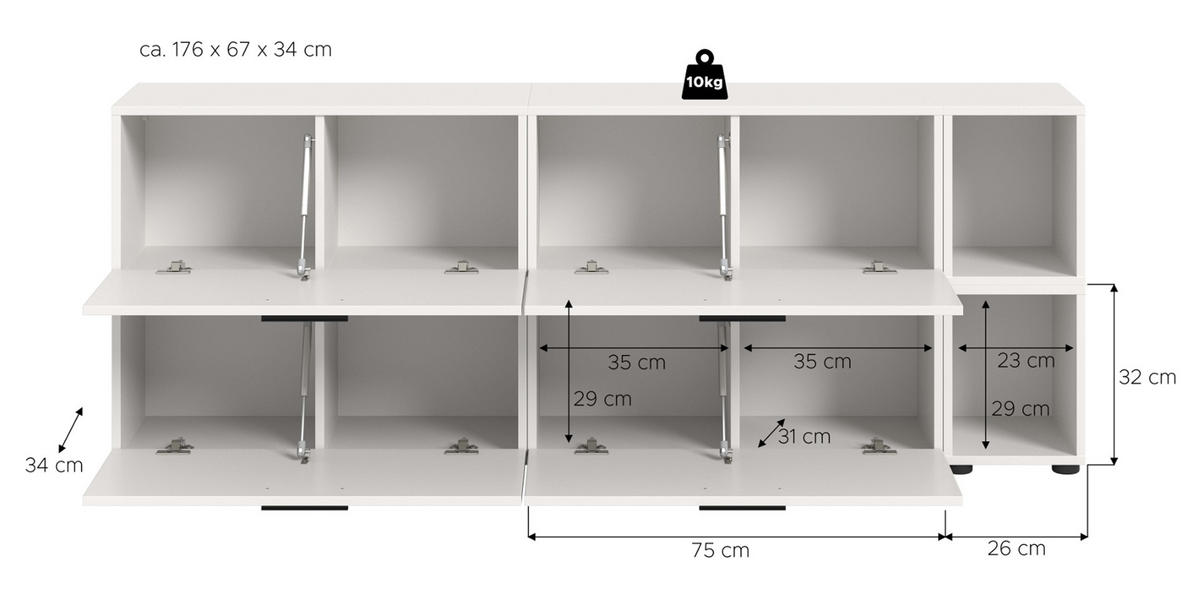 TV-LOWBOARD weiß 176 cm, Fernsehtisch hängend / stehend - Schwarz/Weiß, Holzwerkstoff/Kunststoff (176/67/34cm) - Inn.Furn