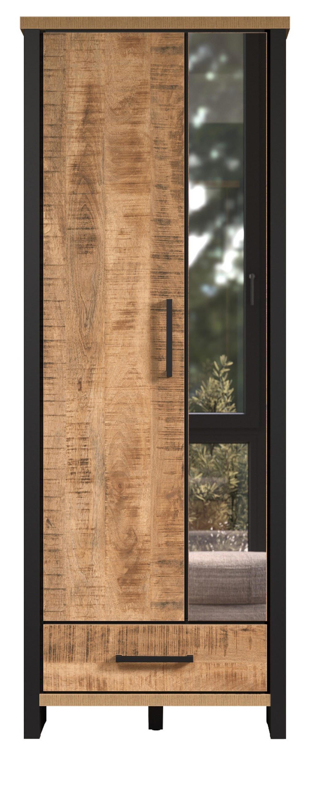 GARDEROBENSCHRANK Mango, schwarz 73 x 195 cm, Garderobe mit Spiegel - Schwarz/Naturfarben, Glas/Holzwerkstoff (73/195/39cm) - Top.Furn
