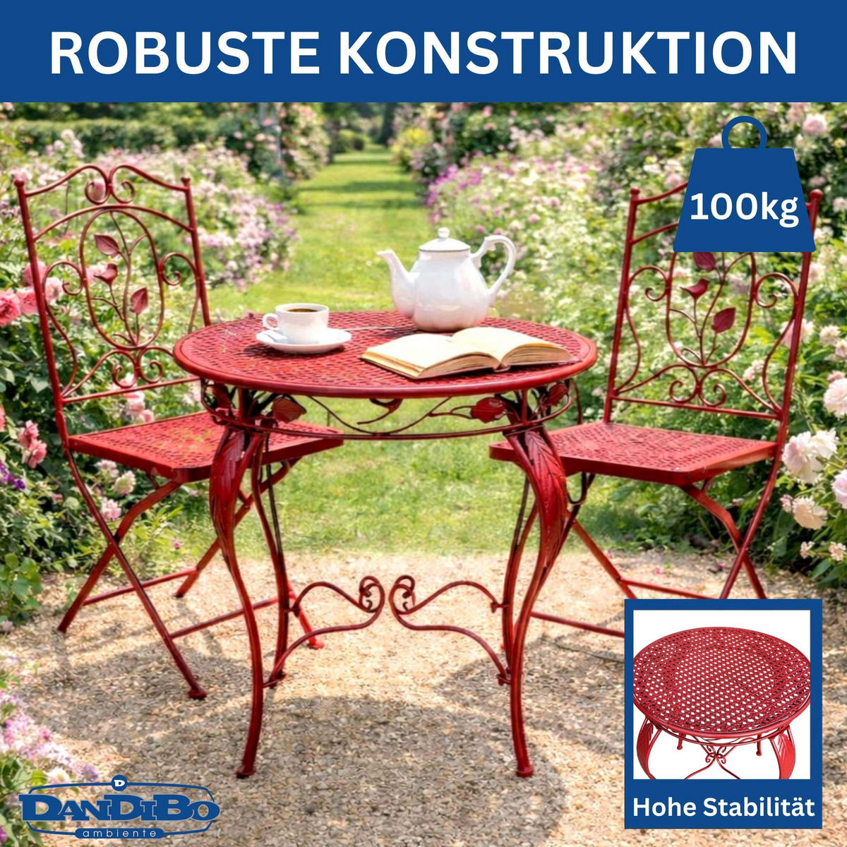 GARTENTISCH Rund 70cm Metall Antik Rot Wetterfest Terrassentisch - Rot, Metall (75/75/73cm) - DanDiBo