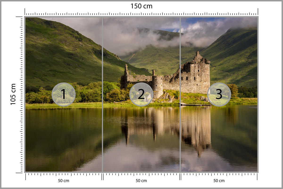FOTOTAPETE Burgruine Kilchurn See Landschaft 3D 150x105 - Gelb/Beige, Papier (150/105cm) - Muralo