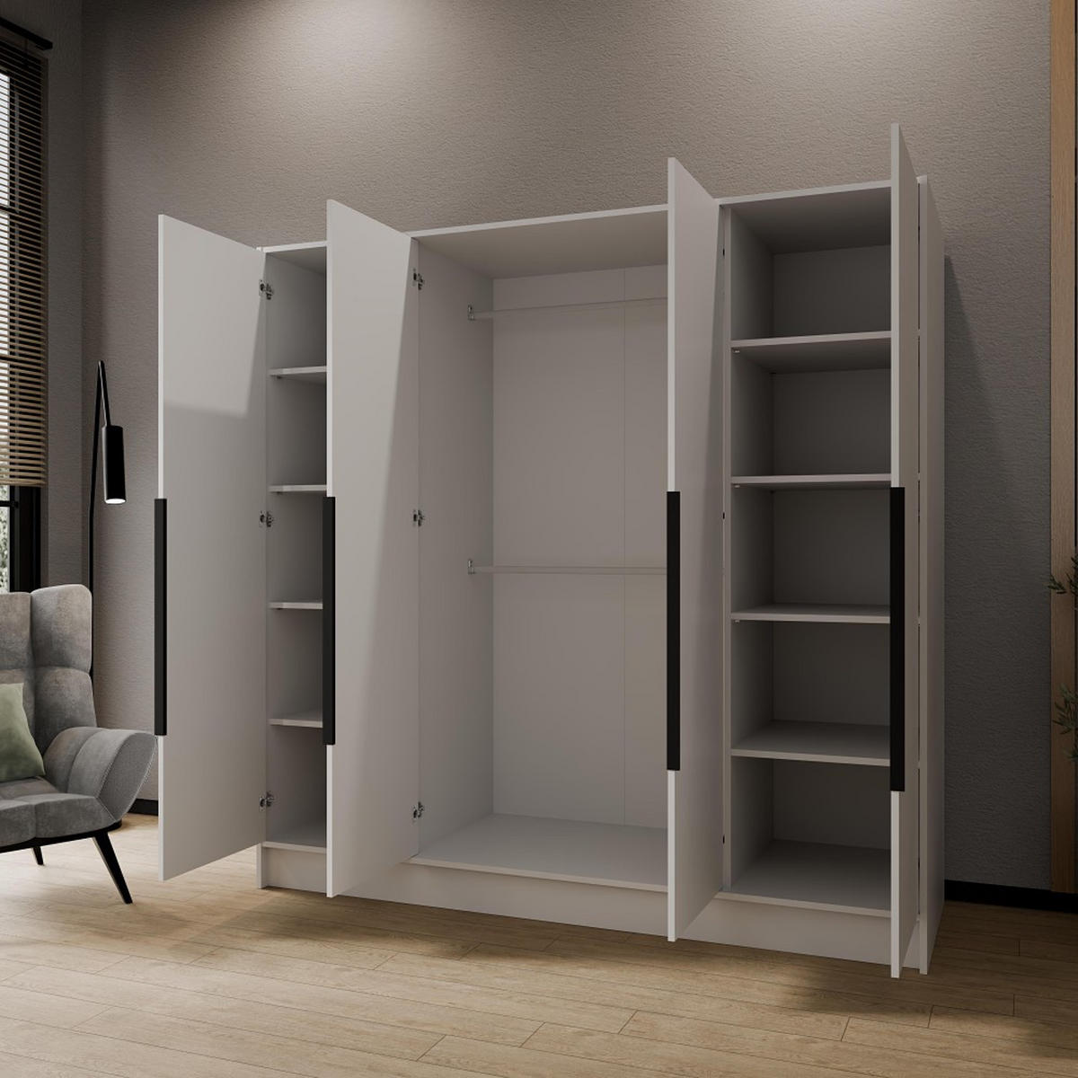 DREHTÜRENSCHRANK Pavia ohne Spiegel, Weiß mit mit schwarzen Griffen, 200 cm - Weiß, Holzwerkstoff (200/200/51cm) - Beautysofa