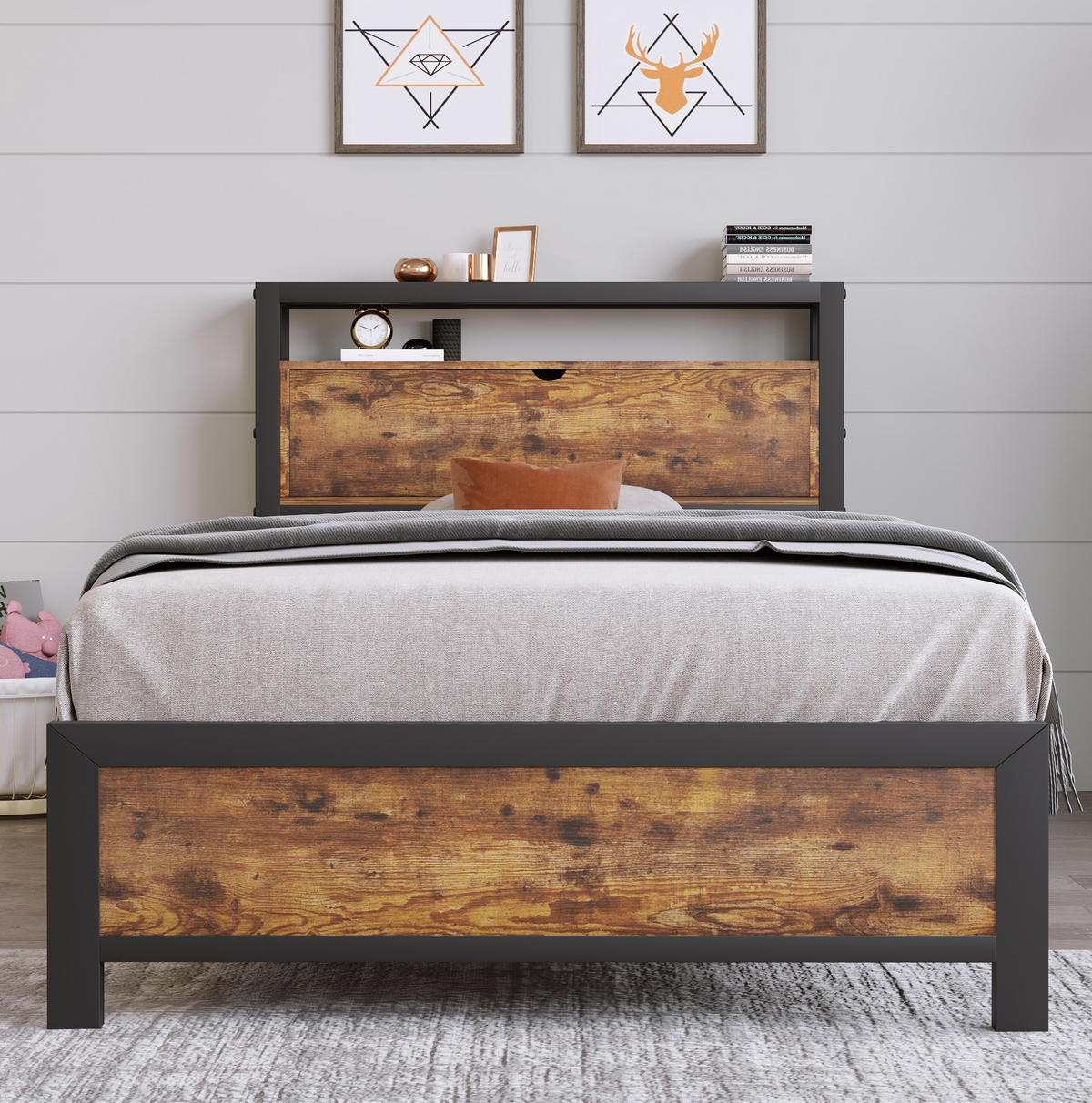 METALLBETT 90/200 cm mit Stauraum-Kopfteil in Natur/Schwarz im Industrial-Stil - Naturfarben, Metall (90/200cm) - Flora Grace