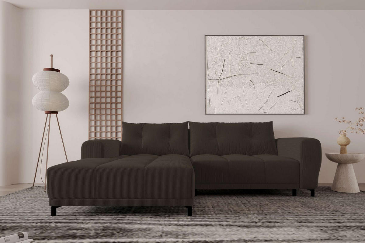 ECKSOFA Massimo Cordstoff Braun inkl. Schlaffunktion Links - Schwarz/Braun, Textil/Metall (246/177cm) - 99rooms