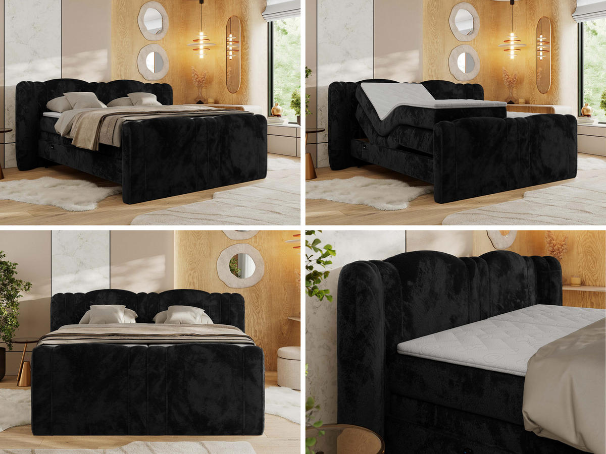 BOXBETT FORTINA 200/200 - Schwarz Plüsch - H3 - Schwarz, Holz/Textil (200/200cm) - MKS