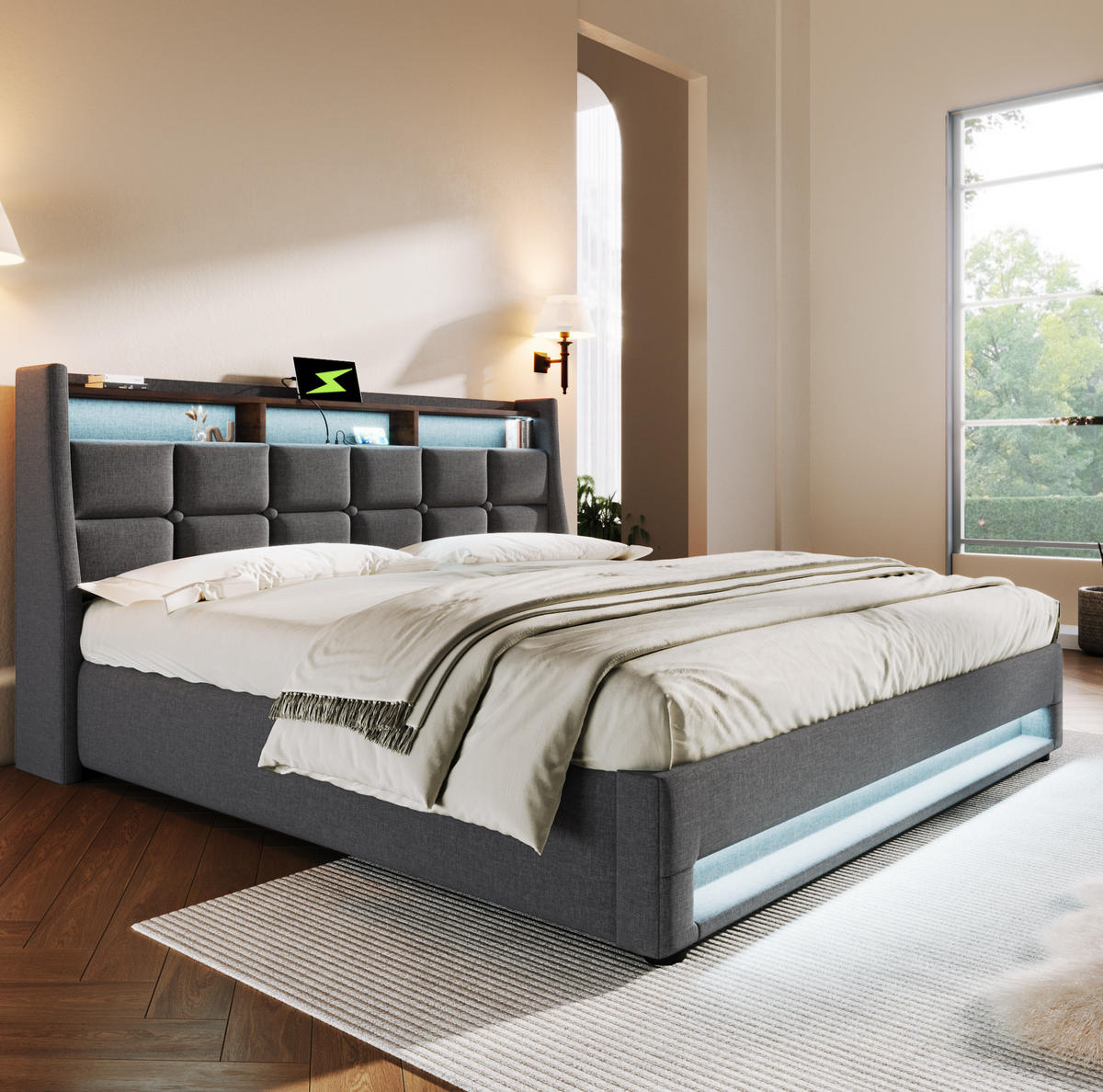 POLSTERBETT 160/200 cm mit LED & USB, klappbarer Bettkasten, Leinenbezug, Grau - Grau, Textil (160/200cm) - Redom