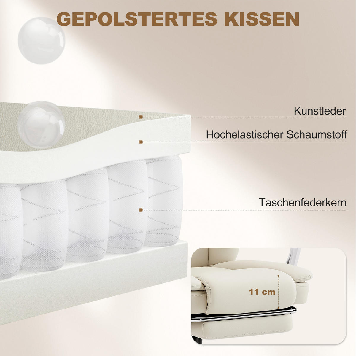 BÜROSTUHL mit Liegefunktion, höhenverstellbar Drehstuhl mit Fußstütze Beige - Beige/Silberfarben, Holzwerkstoff/Kunststoff (64/120/73cm) - HOMCOM
