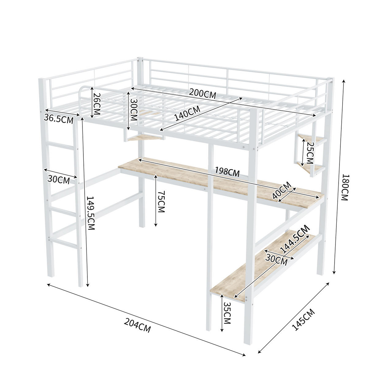 HOCHBETT 140/200 cm Metallbett mit Schreibtisch und Regalen in Weiß - Weiß, Metall (140/200cm) - OKWISH