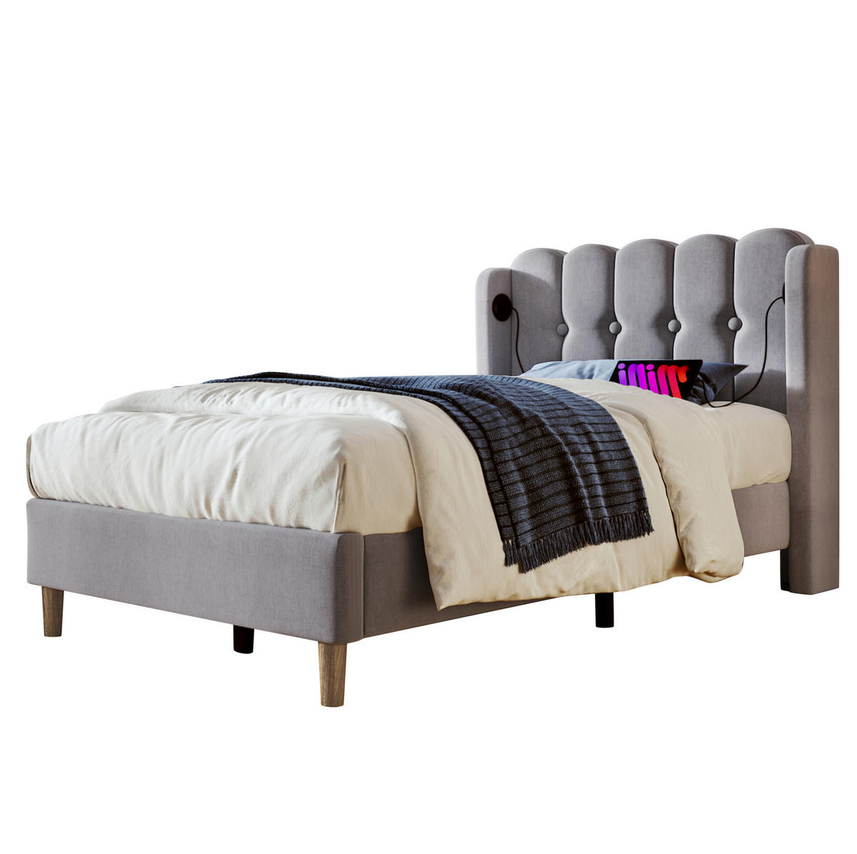 POLSTERBETT 90/200 cm mit Lattenrost & USB/Typ-C-Ladestation, Leinen Grau - Grau, Textil (90/200cm) - Redom
