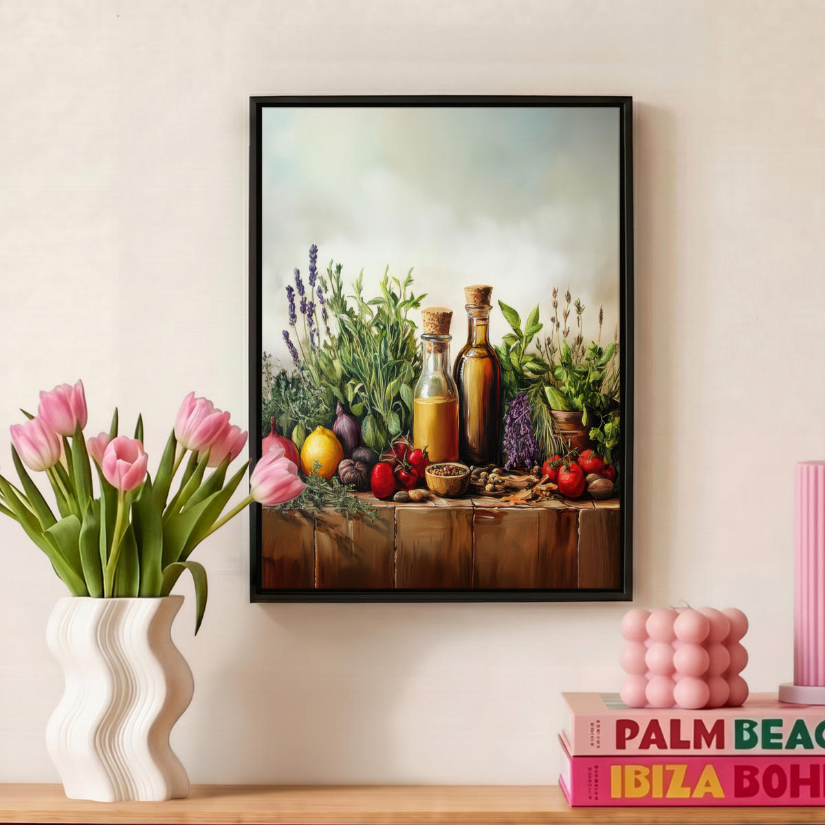 LEINWAND Bilder mit Rahmen - Stilleben - Kräuter - Gewürze - Früchte - Farbenfroh - 30x40 - Grün, Textil (30/40cm) - MuchoWow