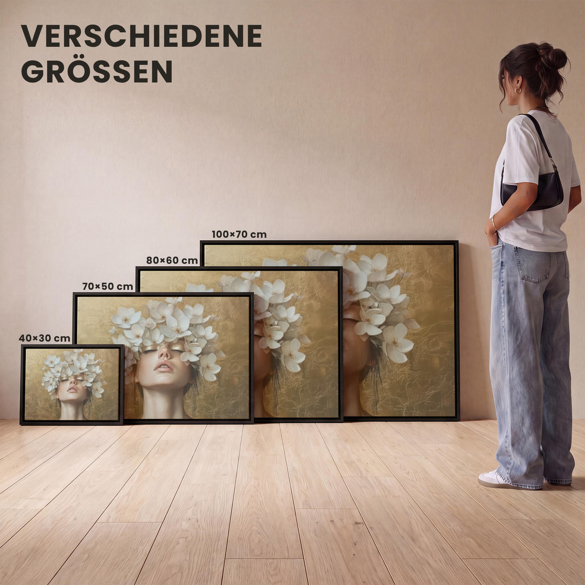 LEINWAND Bilder mit Rahmen - Gesicht - Blumen - Gold - Abstrakt - 100x70 - Goldfarben, Textil (100/70cm) - MuchoWow