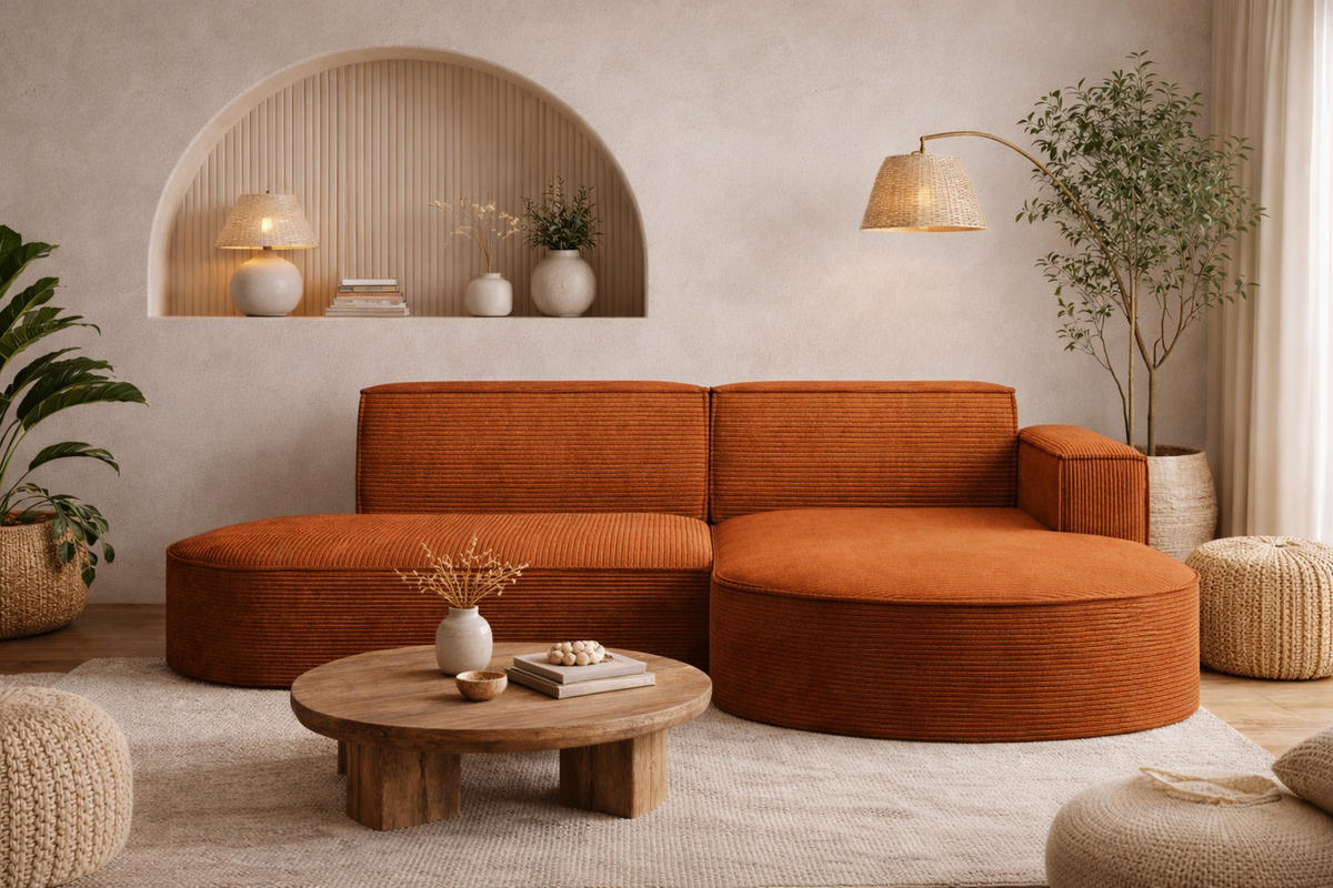 ECKSOFA Designer MODENA STUDIO, Cordstoff Poso, Ziegel, Rechts - Orange, Holzwerkstoff/Textil (236/165cm) - Kaiser Möbel