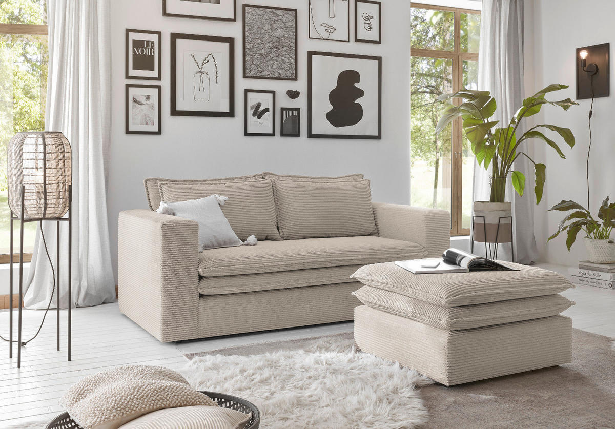 SOFA-SET beige Cord, Couch 2-Sitzer inklusive Hocker - Beige, Holz/Textil (180/83/161cm) - Furn.Design