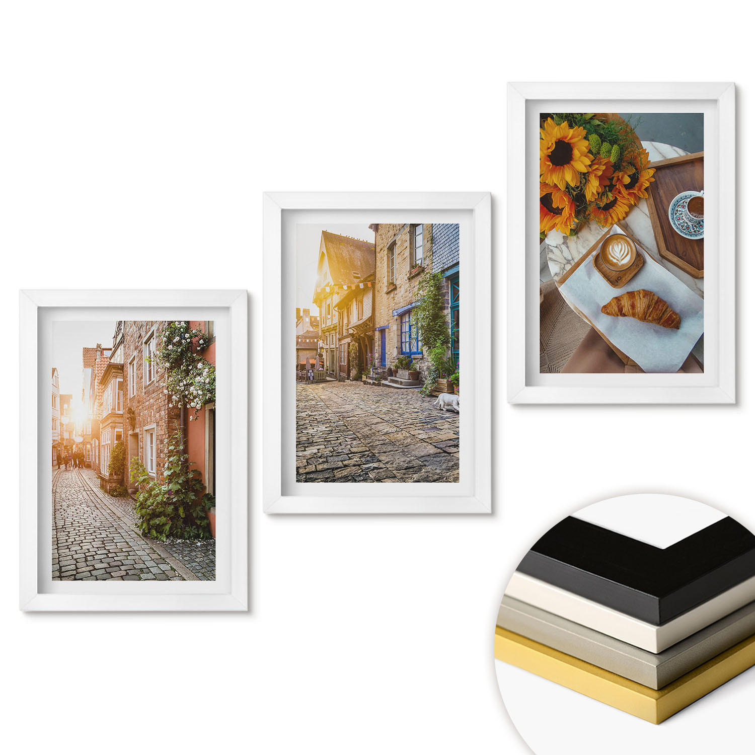WANDBILDER 3er-Set - 20x30 cm Weißer Rahmen - Straßenkaffee Sonnenblumen - Weiß, Kunststoff (20/30cm) - ArtPrintCave