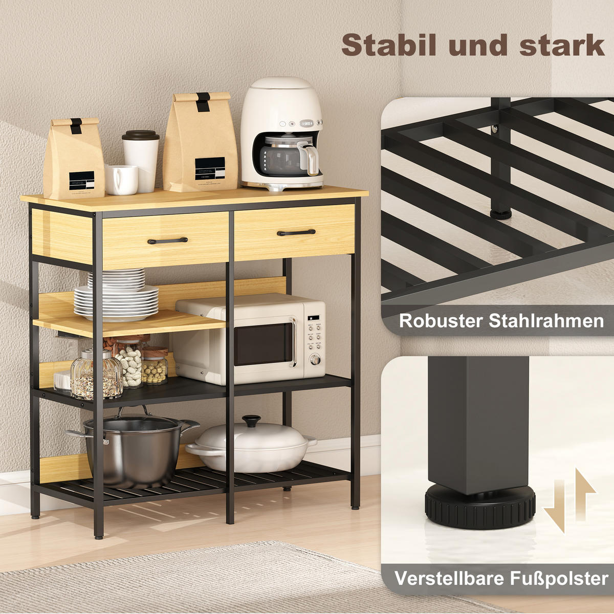 SIDEBOARD DE-08700 2 Schubladen & 3 offene Regale Naturholz - Naturfarben, Holzwerkstoff (90/91/40cm) - ComfortXL