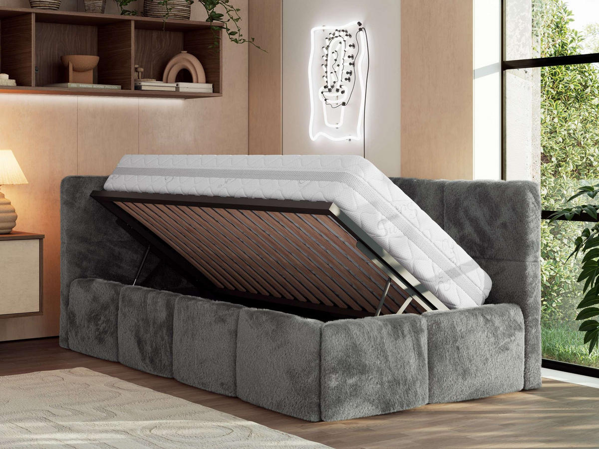 JUGENDBETT ARVO 90/200 - Dunkelgrau Plüsch - Pocket-Matratze - Links Seite - Dunkelgrau, Textil (90/200cm) - MKS