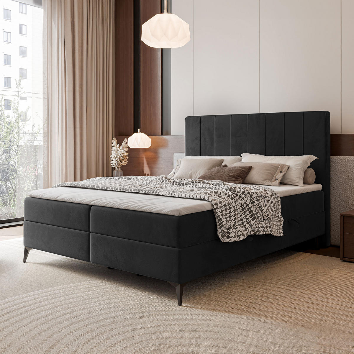 BOXBETT VERA 120x200 cm mit Matratze und Topper, Weicher wasserabweisender Samt Schwarz - Schwarz, Textil (120/200cm) - Idohome