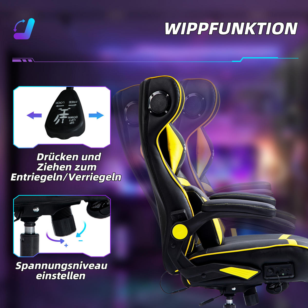 GAMING-STUHL mit Wippen- und Schaukelfunktion, Schwarz+Gelb - Gelb, Leder (69/118/73cm) - Vinsetto