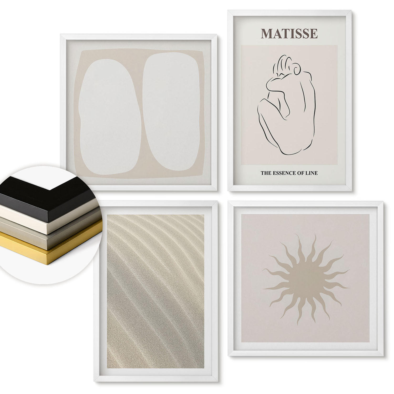 WANDBILDER 4er-Set - 50x50 cm & 40x60 cm Weißer Rahmen - Minimalistische Sandwellen - Weiß, Kunststoff (50/50cm) - ArtPrintCave