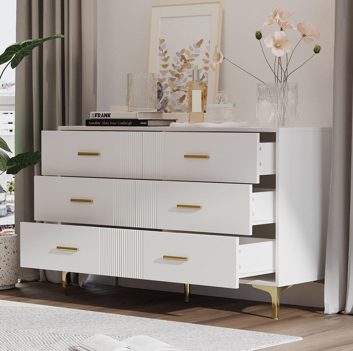 KOMODA 120/40/76 cm se 6 zásuvkami a vlnitým čelem z MDF, Bílá - bílá, kompozitní dřevo (120/76/40cm) - Redom