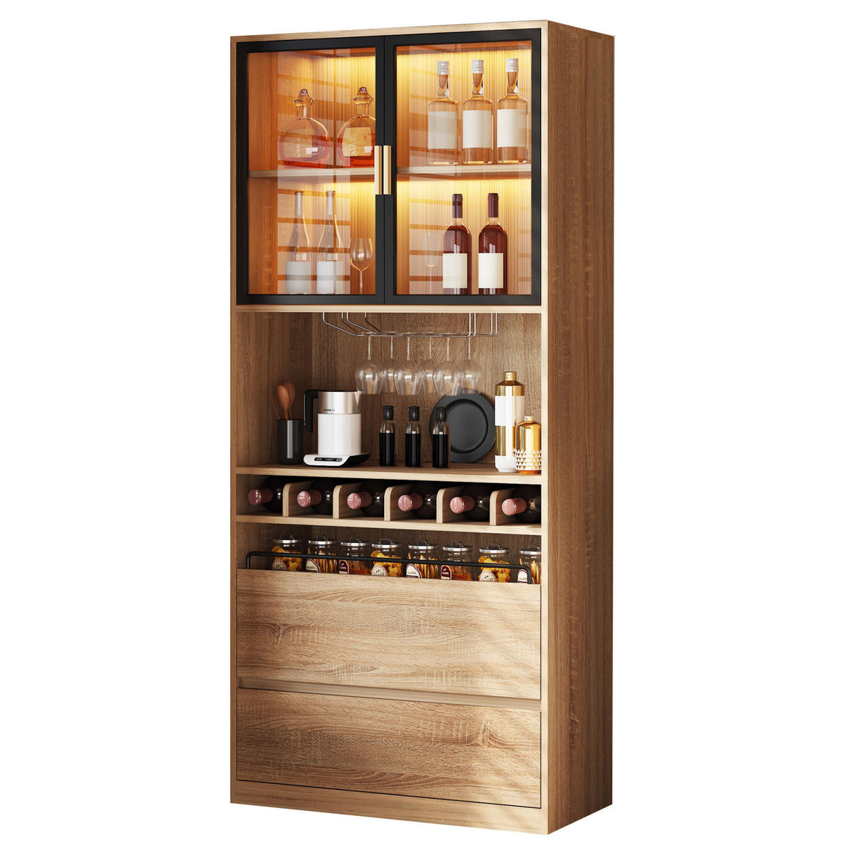 VITRINENSCHRANK aus MDF 80x40x180 cm Natur mit LED-Beleuchtung und abnehmbarem Weinglashalter - Naturfarben, Holzwerkstoff (80/180/40cm) - IVMEU